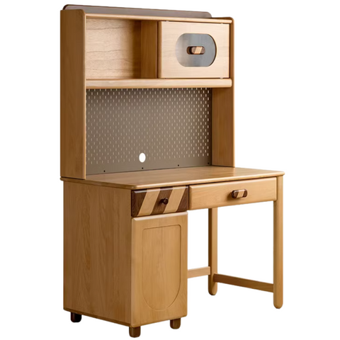 Beech Solid Wood Childrens Study Table Natural Finish with Bookcase & Storage for Kids Room or Learning Space