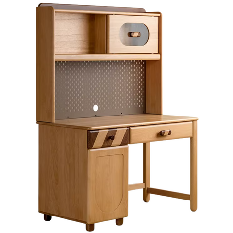 Beech Solid Wood Childrens Study Table Natural Finish with Bookcase & Storage for Kids Room or Learning Space
