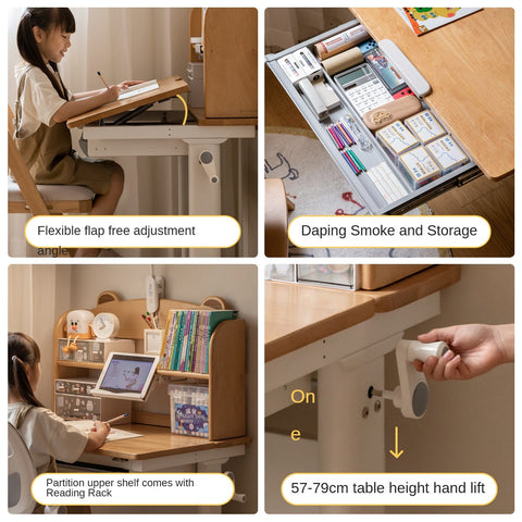 Beech Solid Wood Adjustable Height Study Desk & Bookshelf for Children Natural Finish Ergonomic Student Workspace