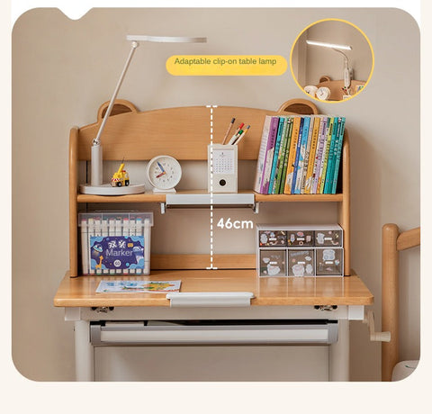Beech Solid Wood Adjustable Height Study Desk & Bookshelf for Children Natural Finish Ergonomic Student Workspace