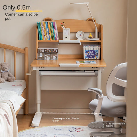 Beech Solid Wood Adjustable Height Study Desk & Bookshelf for Children Natural Finish Ergonomic Student Workspace