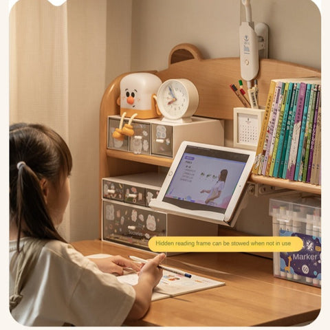 Beech Solid Wood Adjustable Height Study Desk & Bookshelf for Children Natural Finish Ergonomic Student Workspace