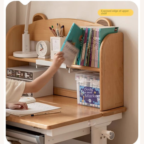 Beech Solid Wood Adjustable Height Study Desk & Bookshelf for Children Natural Finish Ergonomic Student Workspace