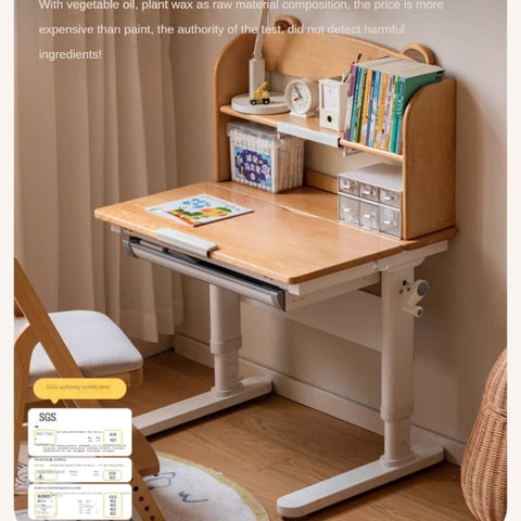 Beech Solid Wood Adjustable Height Study Desk & Bookshelf for Children Natural Finish Ergonomic Student Workspace