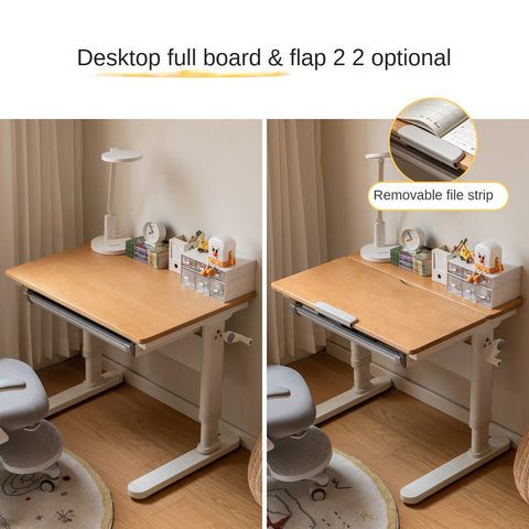 Beech Solid Wood Adjustable Height Study Desk & Bookshelf for Children Natural Finish Ergonomic Student Workspace