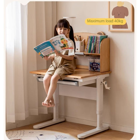 Beech Solid Wood Adjustable Height Study Desk & Bookshelf for Children Natural Finish Ergonomic Student Workspace
