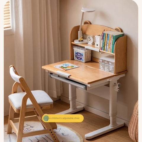 Beech Solid Wood Adjustable Height Study Desk & Bookshelf for Children Natural Finish Ergonomic Student Workspace