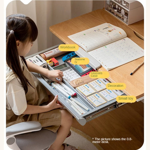 Beech Solid Wood Adjustable Height Study Desk & Bookshelf for Children Natural Finish Ergonomic Student Workspace