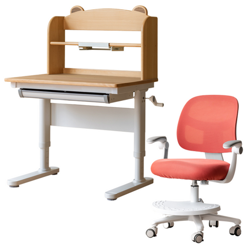 Beech Solid Wood Adjustable Height Study Desk & Bookshelf for Children Natural Finish Ergonomic Student Workspace