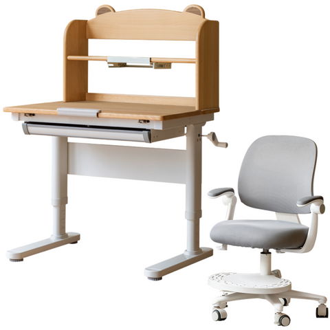Beech Solid Wood Adjustable Height Study Desk & Bookshelf for Children Natural Finish Ergonomic Student Workspace