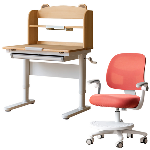 Beech Solid Wood Adjustable Height Study Desk & Bookshelf for Children Natural Finish Ergonomic Student Workspace
