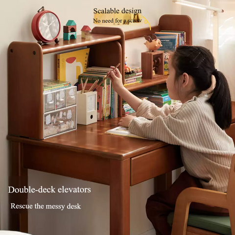Poplar Solid Wood Retro Teak Childrens Study Desk with Bookshelf and Double Drawers Eco Friendly Home School Writing Table