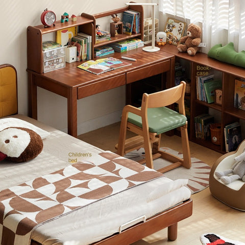 Poplar Solid Wood Retro Teak Childrens Study Desk with Bookshelf and Double Drawers Eco Friendly Home School Writing Table