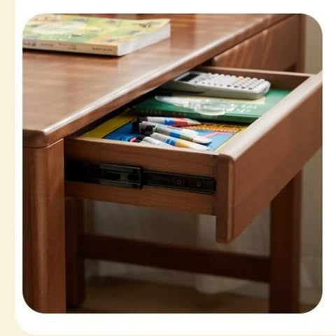 Poplar Solid Wood Retro Teak Childrens Study Desk with Bookshelf and Double Drawers Eco Friendly Home School Writing Table
