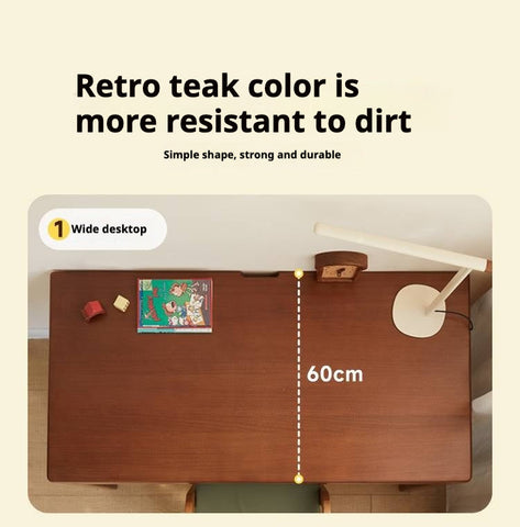 Poplar Solid Wood Retro Teak Childrens Study Desk with Bookshelf and Double Drawers Eco Friendly Home School Writing Table