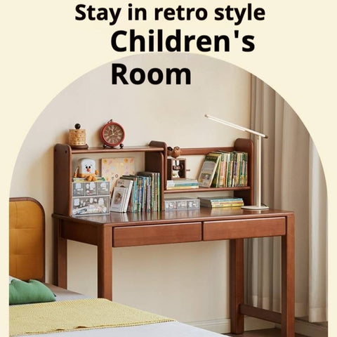 Poplar Solid Wood Retro Teak Childrens Study Desk with Bookshelf and Double Drawers Eco Friendly Home School Writing Table