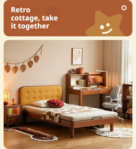 Poplar Solid Wood Retro Teak Childrens Study Desk with Bookshelf and Double Drawers Eco Friendly Home School Writing Table