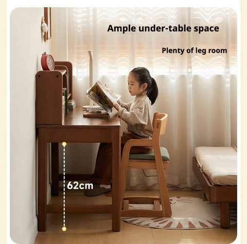 Poplar Solid Wood Retro Teak Childrens Study Desk with Bookshelf and Double Drawers Eco Friendly Home School Writing Table