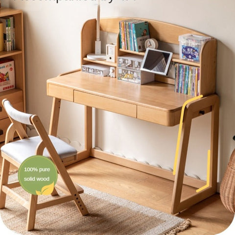 Beech Solid Wood Children’s Study Desk Natural Finish Adjustable Height Student Writing Table with Bookshelf & Drawers