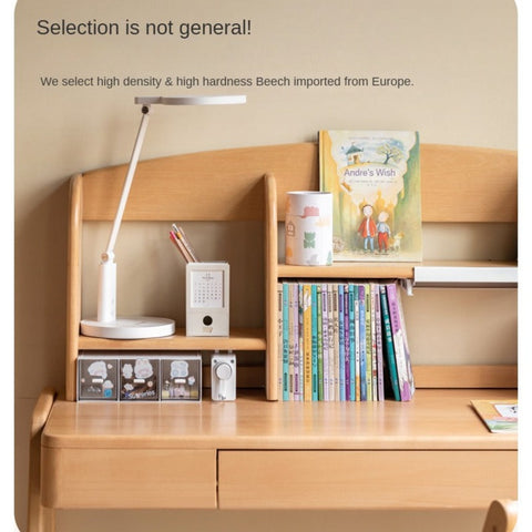 Beech Solid Wood Children’s Study Desk Natural Finish Adjustable Height Student Writing Table with Bookshelf & Drawers