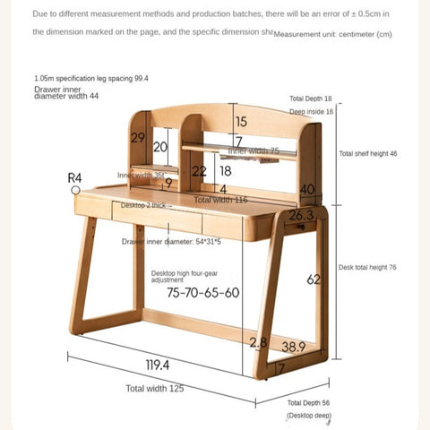 Beech Solid Wood Children’s Study Desk Natural Finish Adjustable Height Student Writing Table with Bookshelf & Drawers