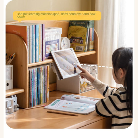 Beech Solid Wood Children’s Study Desk Natural Finish Adjustable Height Student Writing Table with Bookshelf & Drawers