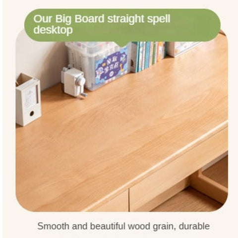 Beech Solid Wood Children’s Study Desk Natural Finish Adjustable Height Student Writing Table with Bookshelf & Drawers