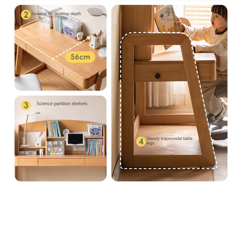 Beech Solid Wood Children’s Study Desk Natural Finish Adjustable Height Student Writing Table with Bookshelf & Drawers
