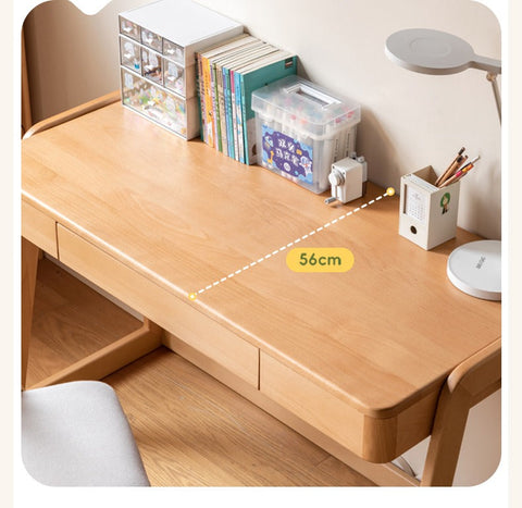 Beech Solid Wood Children’s Study Desk Natural Finish Adjustable Height Student Writing Table with Bookshelf & Drawers