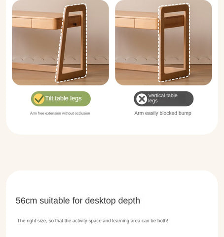 Beech Solid Wood Children’s Study Desk Natural Finish Adjustable Height Student Writing Table with Bookshelf & Drawers