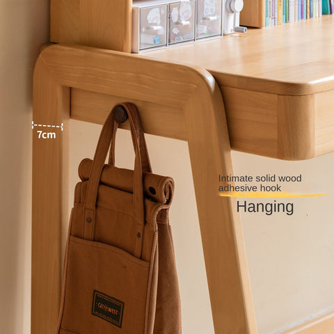 Beech Solid Wood Children’s Study Desk Natural Finish Adjustable Height Student Writing Table with Bookshelf & Drawers