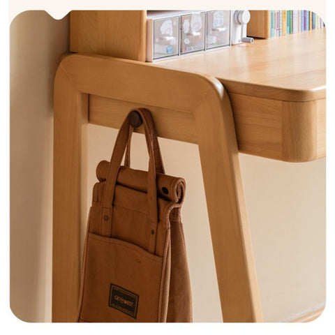Beech Solid Wood Children’s Study Desk Natural Finish Adjustable Height Student Writing Table with Bookshelf & Drawers
