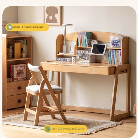 Beech Solid Wood Children’s Study Desk Natural Finish Adjustable Height Student Writing Table with Bookshelf & Drawers