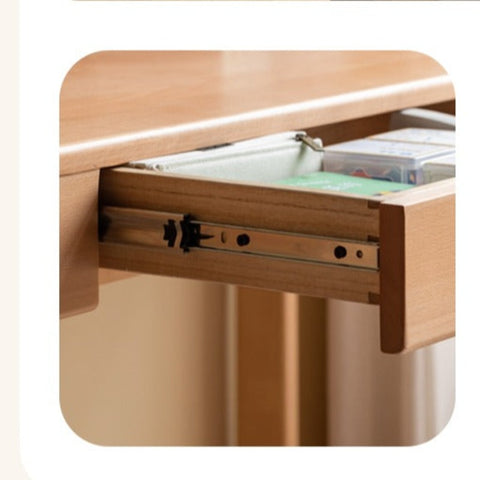 Beech Solid Wood Children’s Study Desk Natural Finish Adjustable Height Student Writing Table with Bookshelf & Drawers