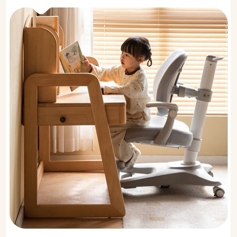 Beech Solid Wood Children’s Study Desk Natural Finish Adjustable Height Student Writing Table with Bookshelf & Drawers