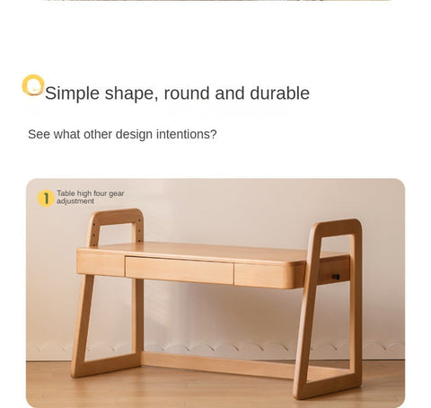 Beech Solid Wood Children’s Study Desk Natural Finish Adjustable Height Student Writing Table with Bookshelf & Drawers