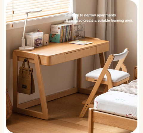 Beech Solid Wood Children’s Study Desk Natural Finish Adjustable Height Student Writing Table with Bookshelf & Drawers
