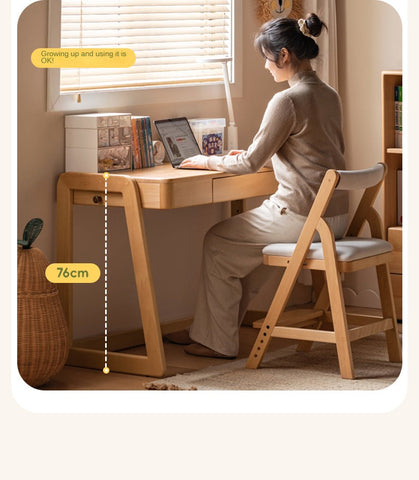 Beech Solid Wood Children’s Study Desk Natural Finish Adjustable Height Student Writing Table with Bookshelf & Drawers