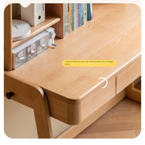 Beech Solid Wood Children’s Study Desk Natural Finish Adjustable Height Student Writing Table with Bookshelf & Drawers