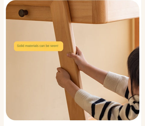 Beech Solid Wood Children’s Study Desk Natural Finish Adjustable Height Student Writing Table with Bookshelf & Drawers