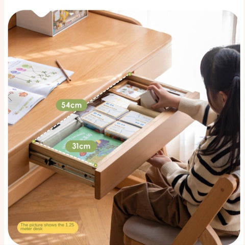 Beech Solid Wood Children’s Study Desk Natural Finish Adjustable Height Student Writing Table with Bookshelf & Drawers