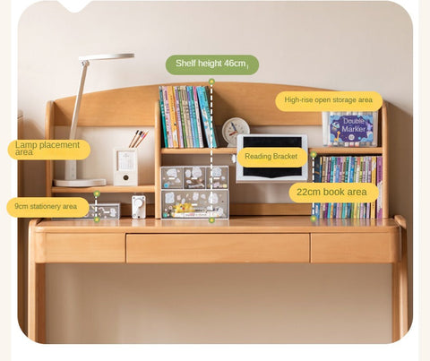 Beech Solid Wood Children’s Study Desk Natural Finish Adjustable Height Student Writing Table with Bookshelf & Drawers