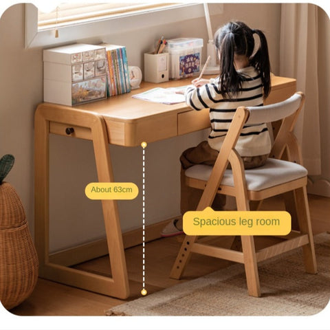 Beech Solid Wood Children’s Study Desk Natural Finish Adjustable Height Student Writing Table with Bookshelf & Drawers