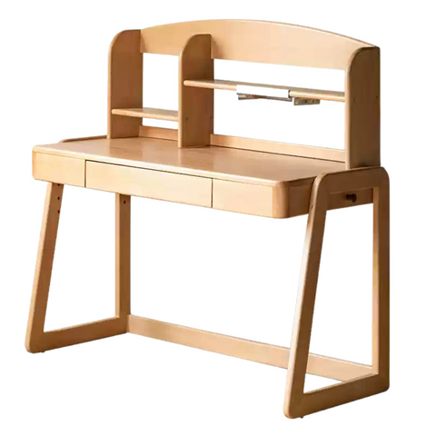 Beech Solid Wood Children’s Study Desk Natural Finish Adjustable Height Student Writing Table with Bookshelf & Drawers