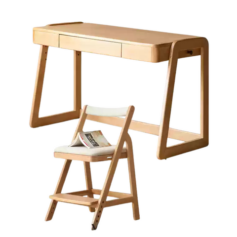 Beech Solid Wood Children’s Study Desk Natural Finish Adjustable Height Student Writing Table with Bookshelf & Drawers