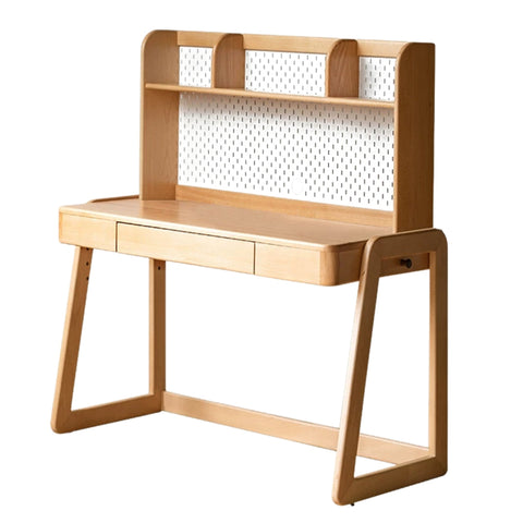 Beech Solid Wood Children’s Study Desk Natural Finish Adjustable Height Student Writing Table with Bookshelf & Drawers