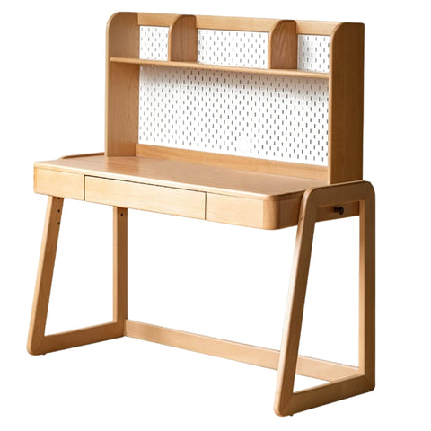 Beech Solid Wood Children’s Study Desk Natural Finish Adjustable Height Student Writing Table with Bookshelf & Drawers