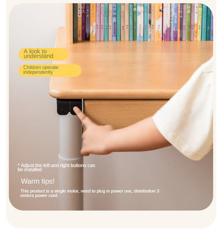 Beech Solid Wood Electric Height Adjustable Study Table Natural Finish Kids Writing Desk with Storage