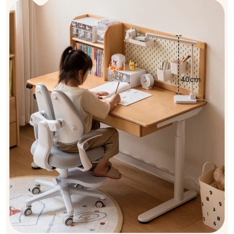Beech Solid Wood Electric Height Adjustable Study Table Natural Finish Kids Writing Desk with Storage