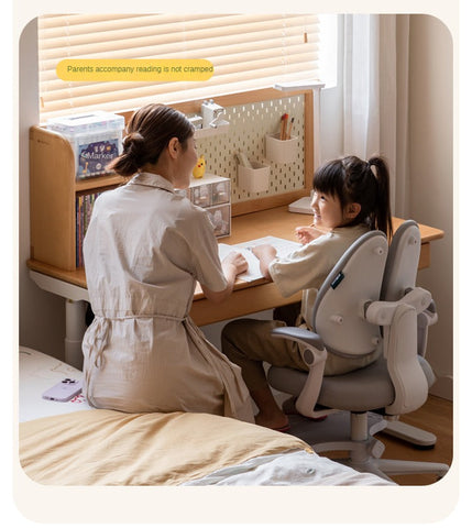 Beech Solid Wood Electric Height Adjustable Study Table Natural Finish Kids Writing Desk with Storage